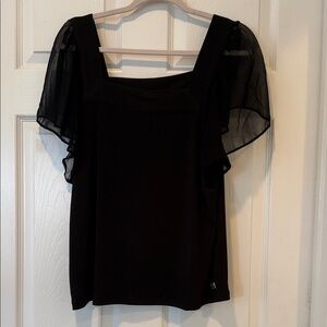 Calvin Klein Black Top with Sheer Flutter Sleeves